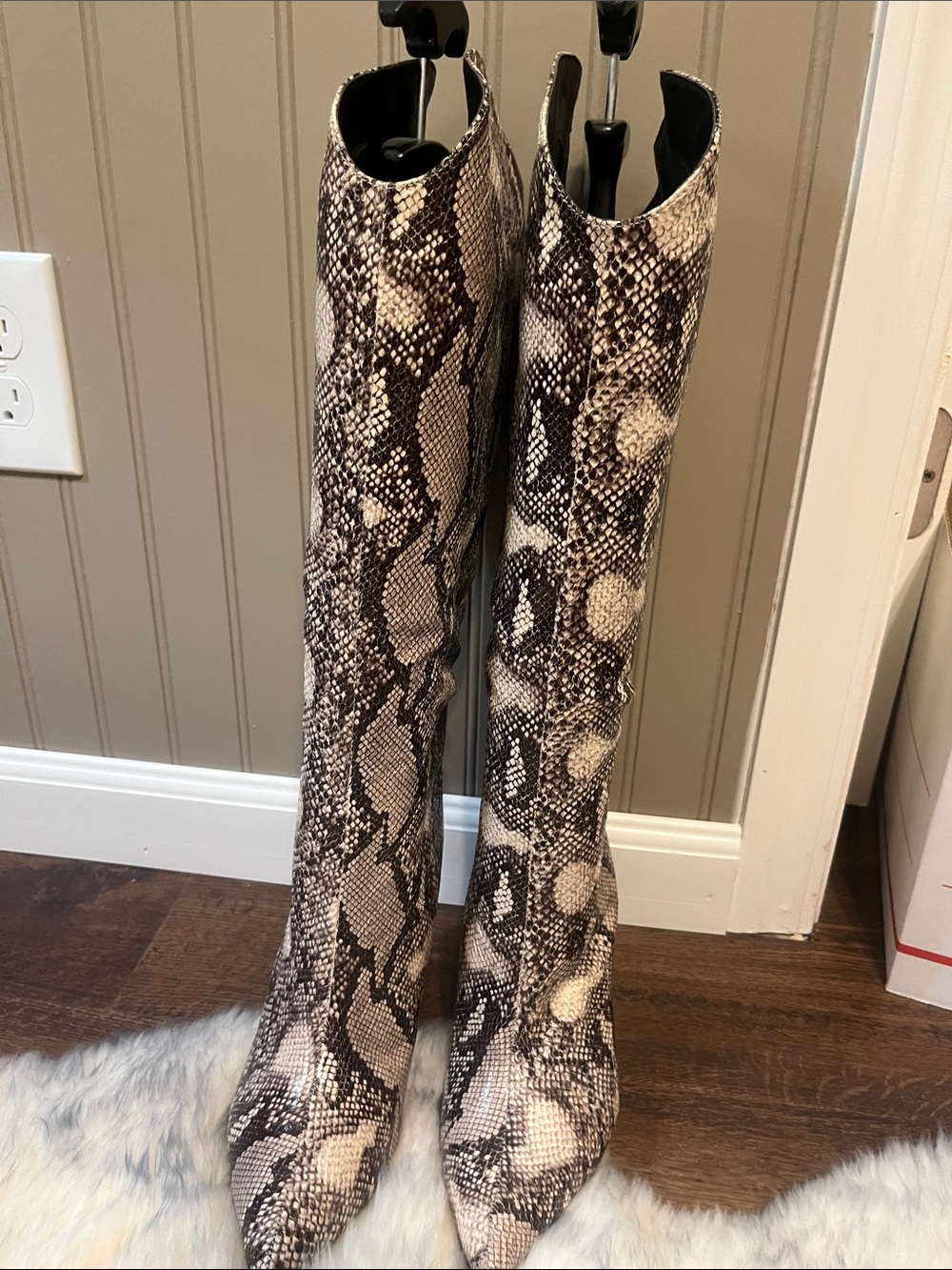 Snake Print Knee-High Stiletto Boots - Neutral Tones